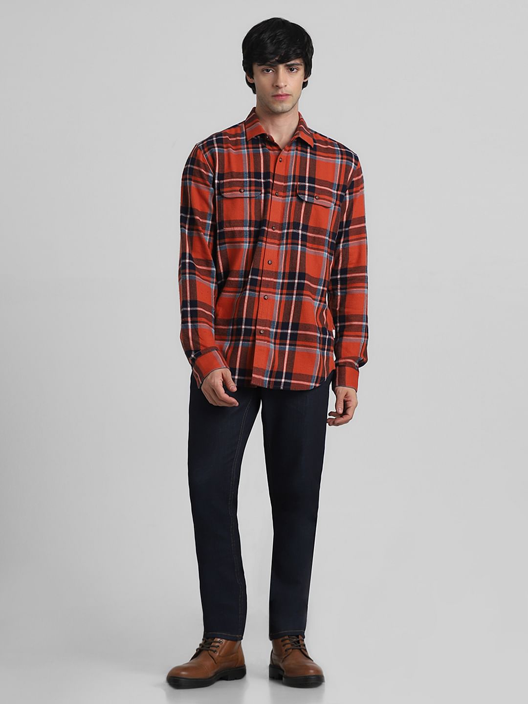 Brown Check Print Full Sleeves Shirt